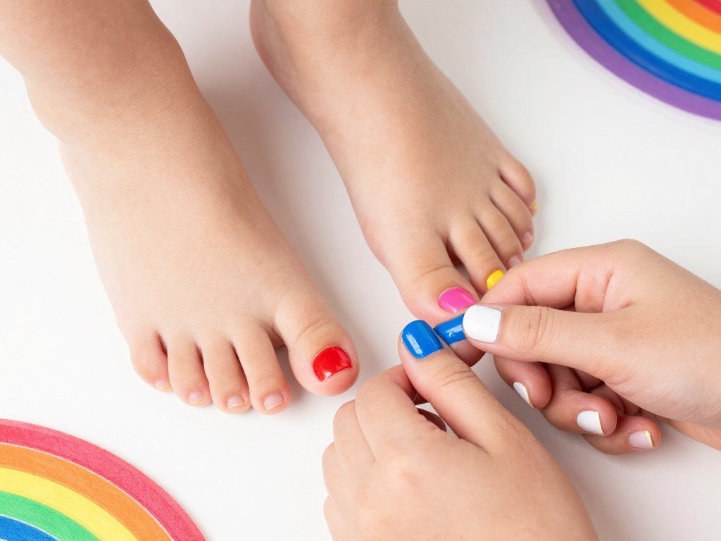 Each toe painted different bright color including red white blue and fun additions
