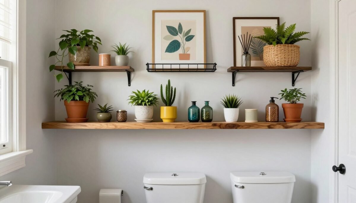 Eclectic mix of different shelf materials and styles above toilet