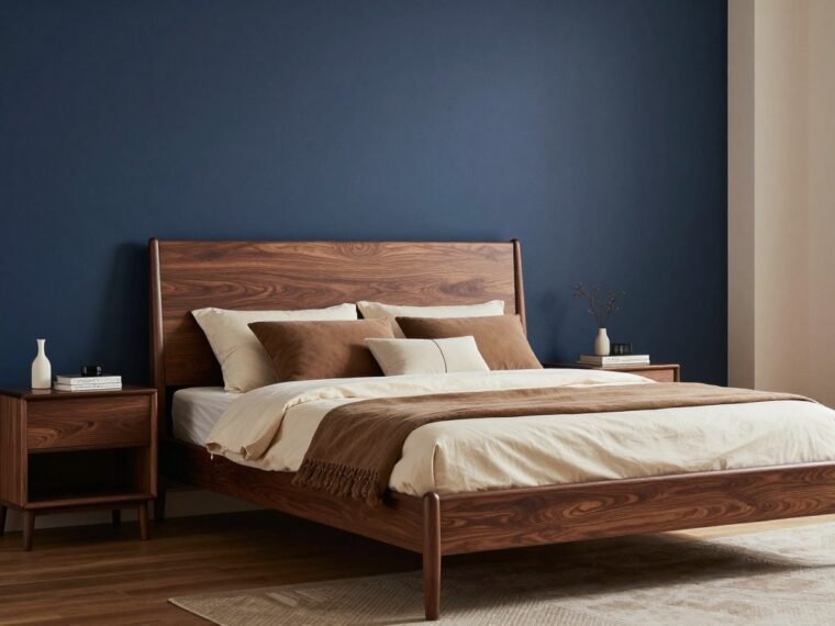 Elegant blue and brown bedroom with navy walls and rich brown wooden furniture
