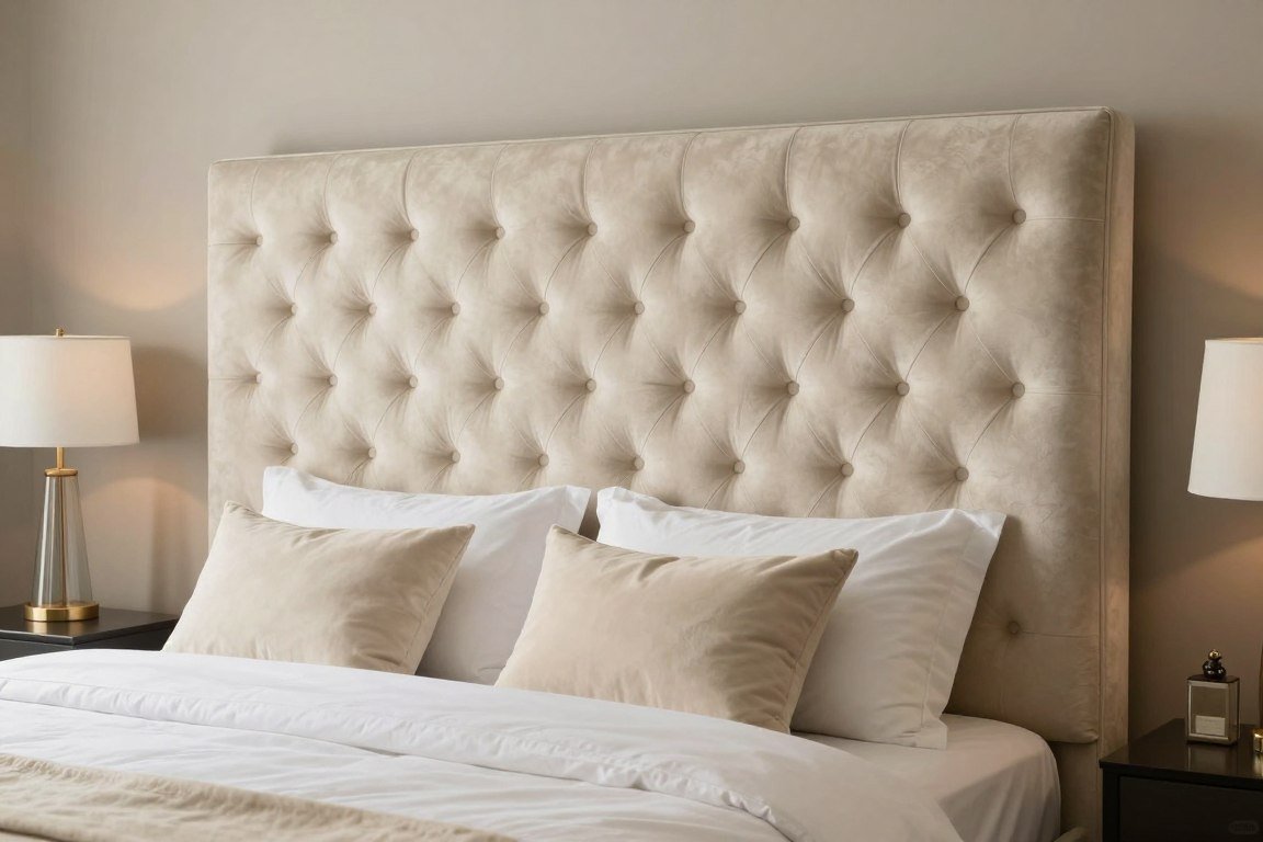 Elegant cream tufted velvet headboard in bedroom setting