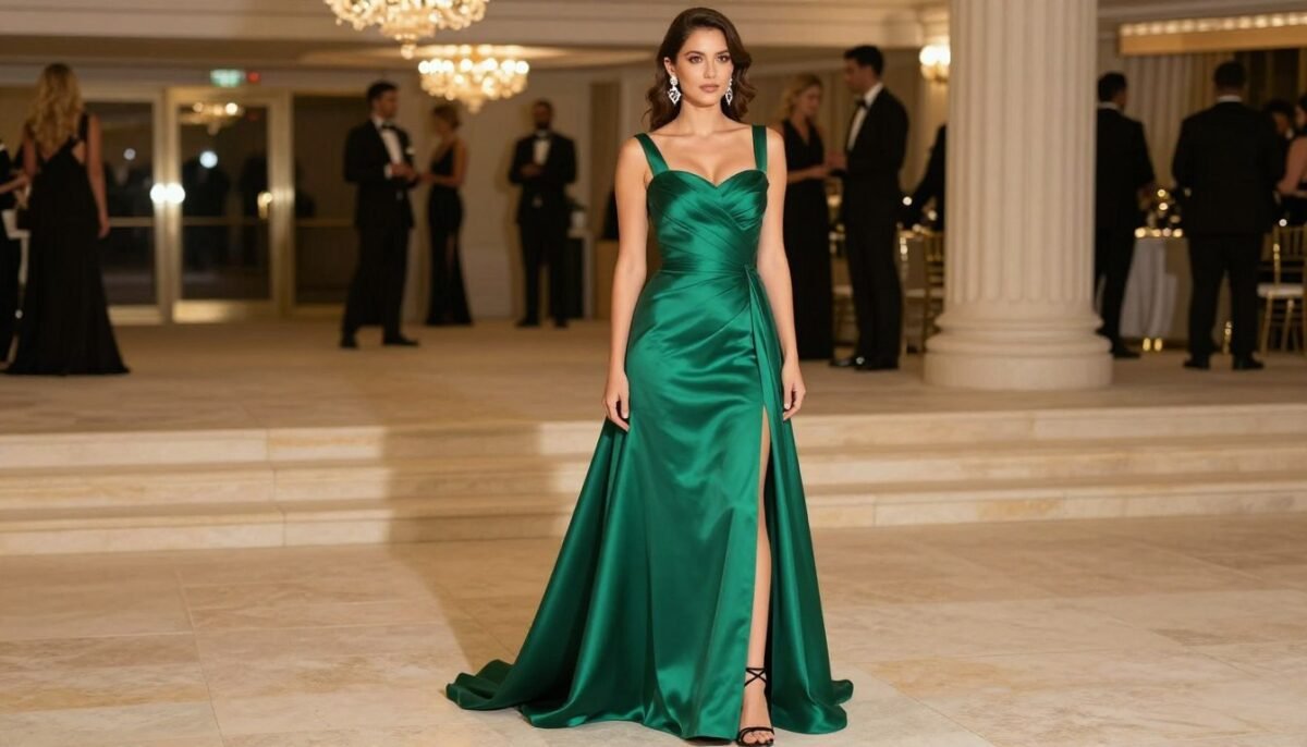 Elegant formal outfit for long legs short torso showing empire waist gown