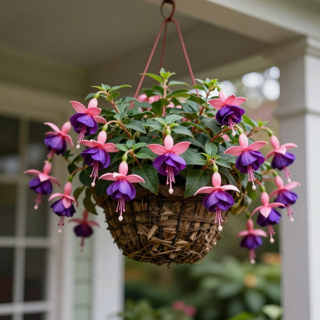 Elegant fuchsia hanging basket with pink and purple pendant flowers on shaded porch