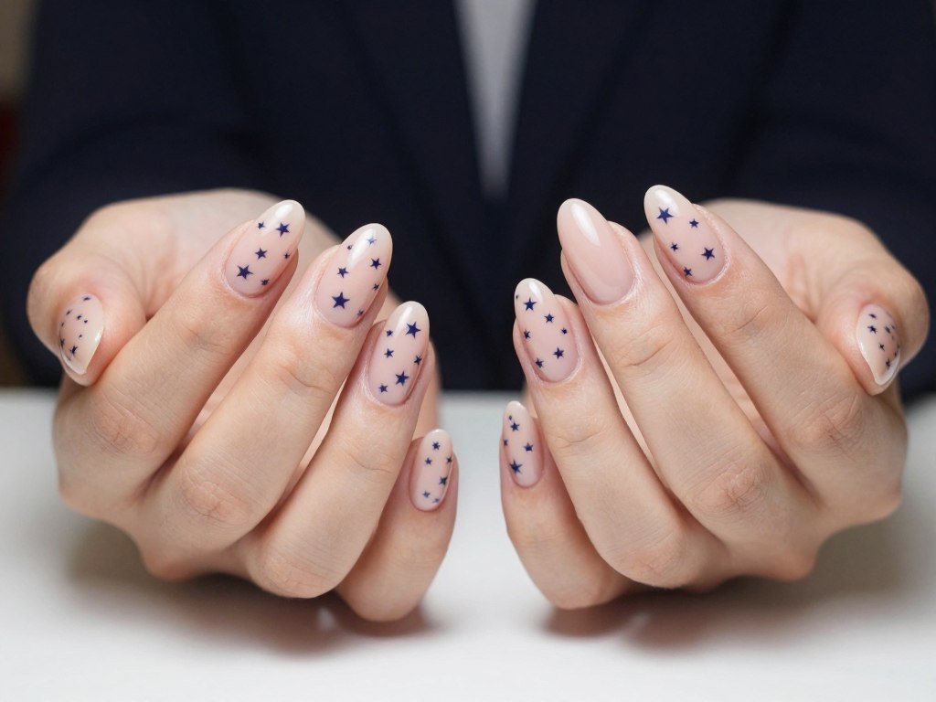 Elegant nude nails with small scattered navy stars for subtle patriotic style