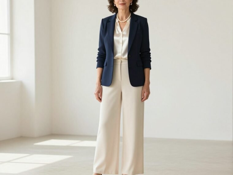 Elegant older woman in tailored navy blazer and cream trousers standing confidently