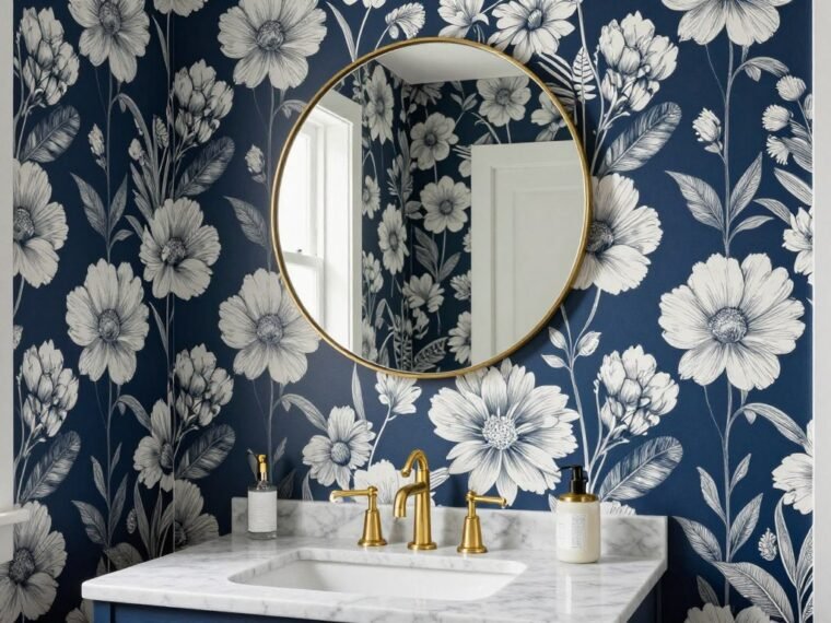 Elegant powder bathroom featuring bold floral wallpaper in a compact space with modern fixtures