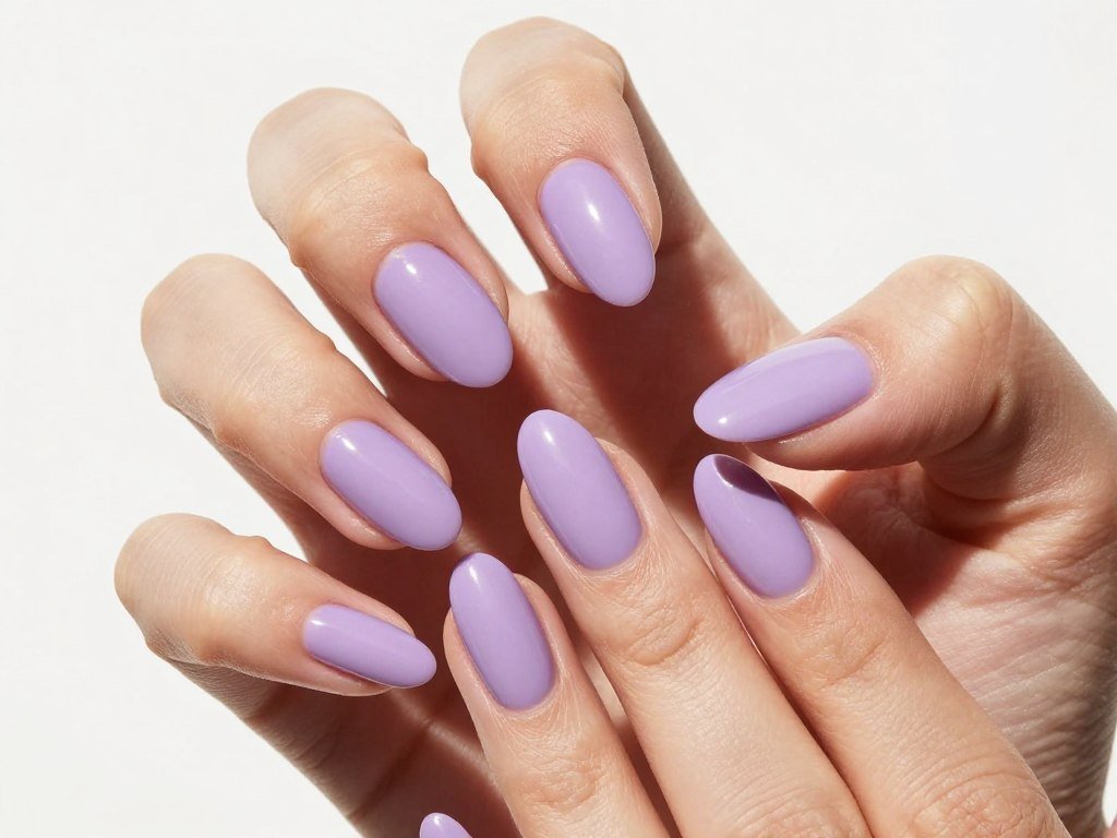 Elegant soft lavender solid nail polish on almond-shaped nails