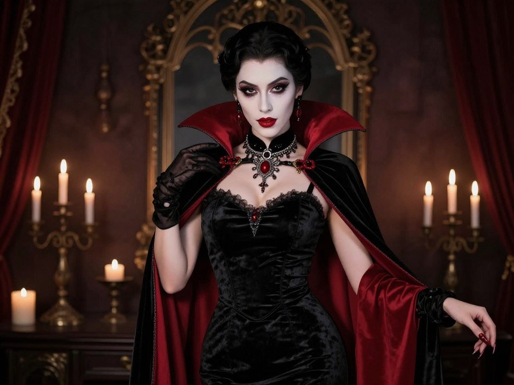 Elegant vampire costume with red accents