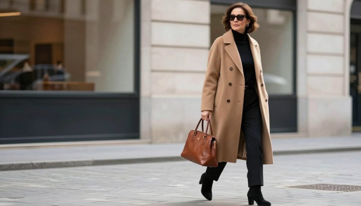 Elegant woman in camel long coat over tailored outfit