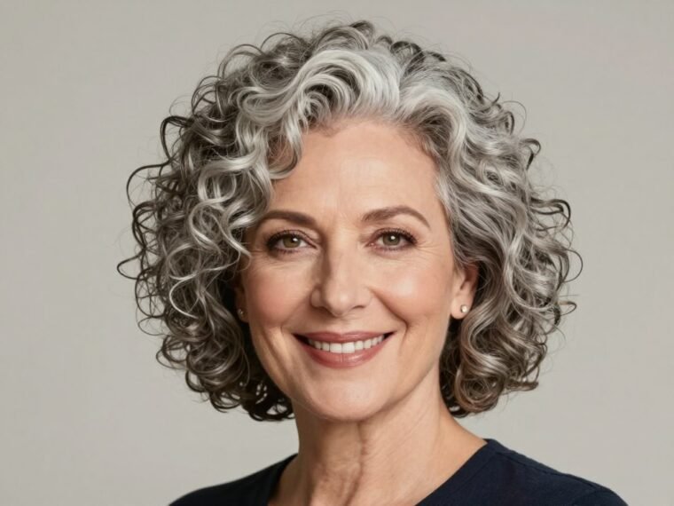 Elegant woman over 60 with natural curly silver hair styled in a modern bob