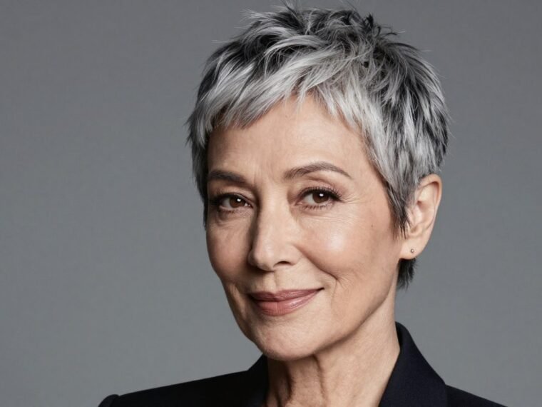 Elegant woman over 60 with short pixie haircut smiling confidently