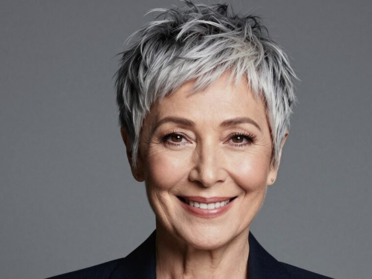 Elegant woman over 60 with stylish short pixie haircut smiling confidently