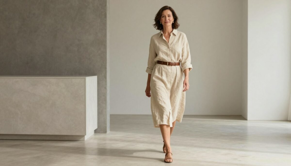 Elegant woman wearing belted linen shirt dress in neutral tone