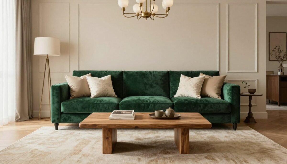 Emerald green velvet sofa in beige living room setting