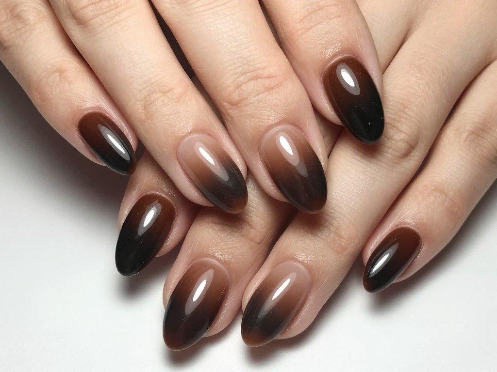 Espresso brown French tips on almond nails with deep dark chocolate shade