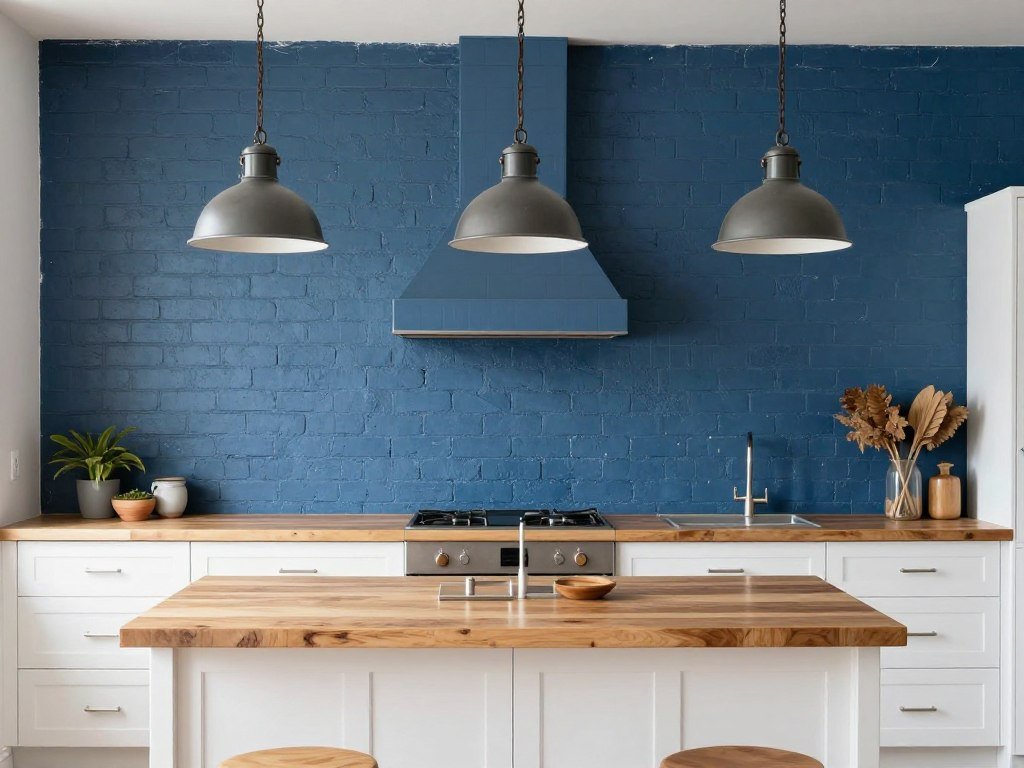 Exposed brick wall painted blue in kitchen
