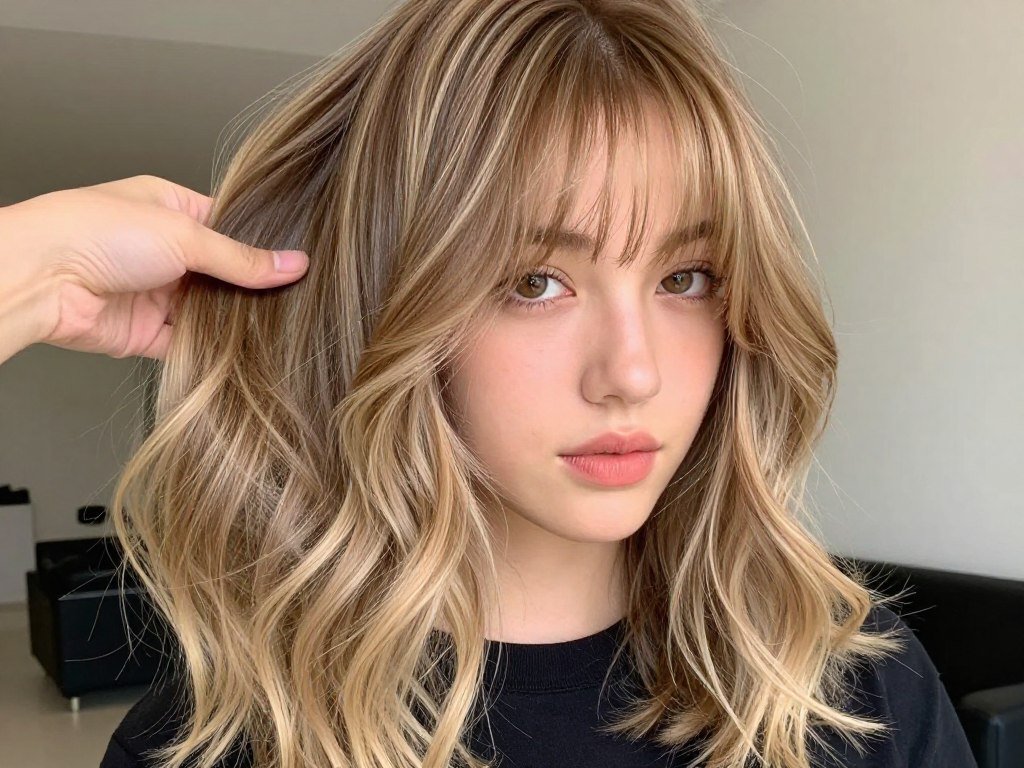 Face-framing blonde highlights around bangs area