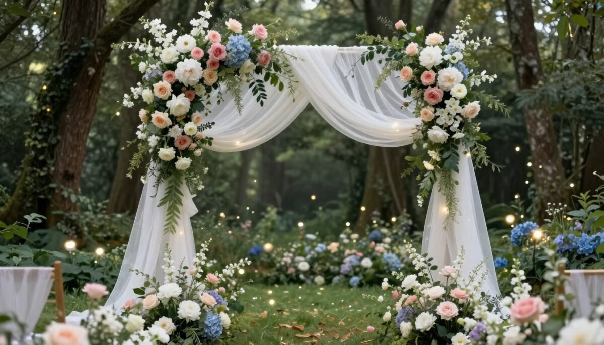 Fairytale wedding ceremony with flower-covered arch
