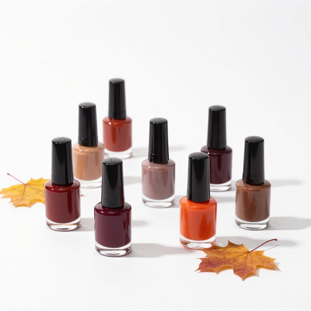 Fall nail polish collection with burgundy, orange, and brown shades