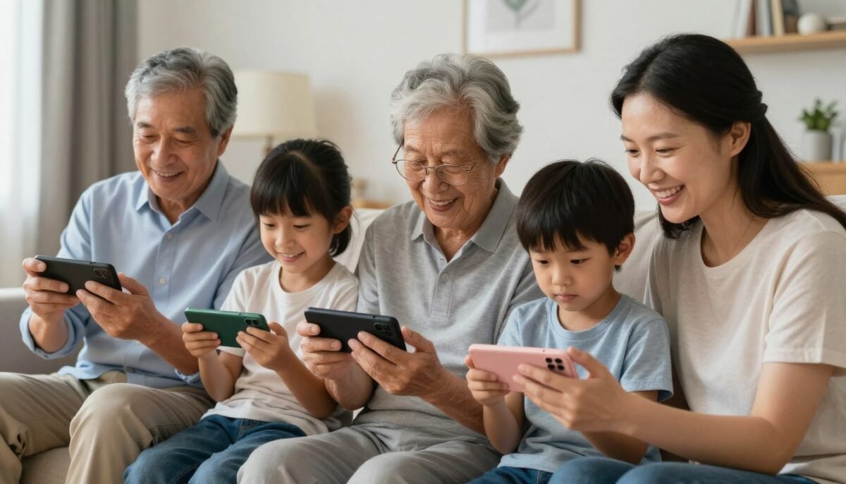 Family members of different generations playing text games together Family members of different generations playing text games together