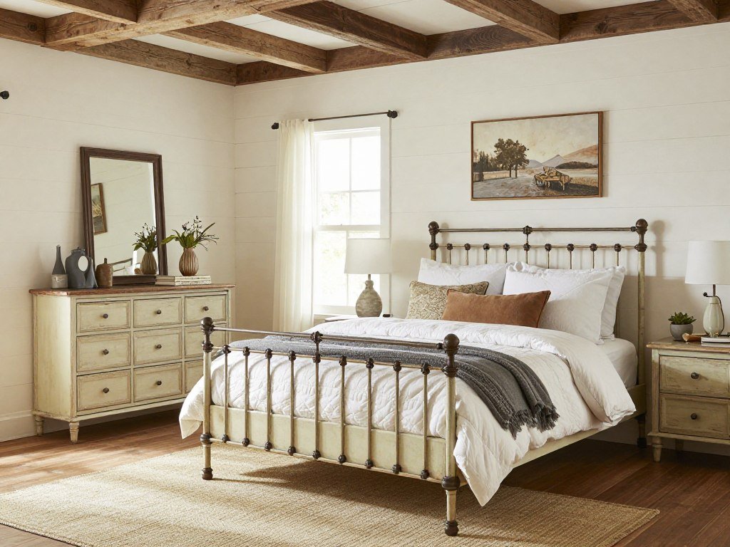 Farmhouse bedroom with distressed cream furniture and rustic details