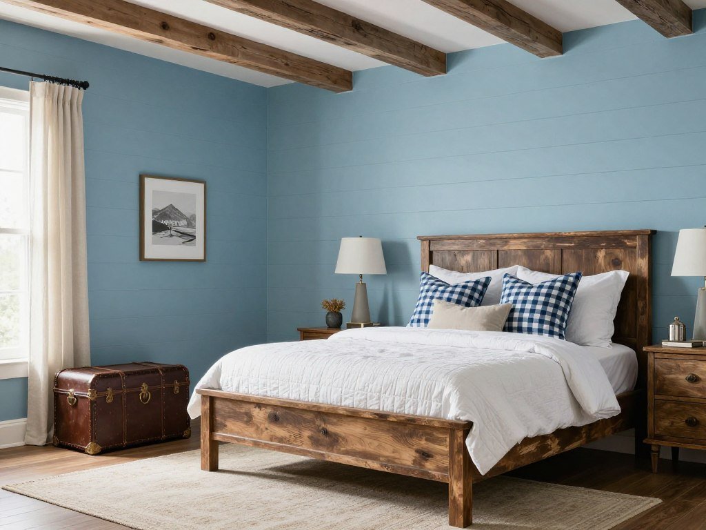 Farmhouse bedroom with robin's egg blue shiplap wall