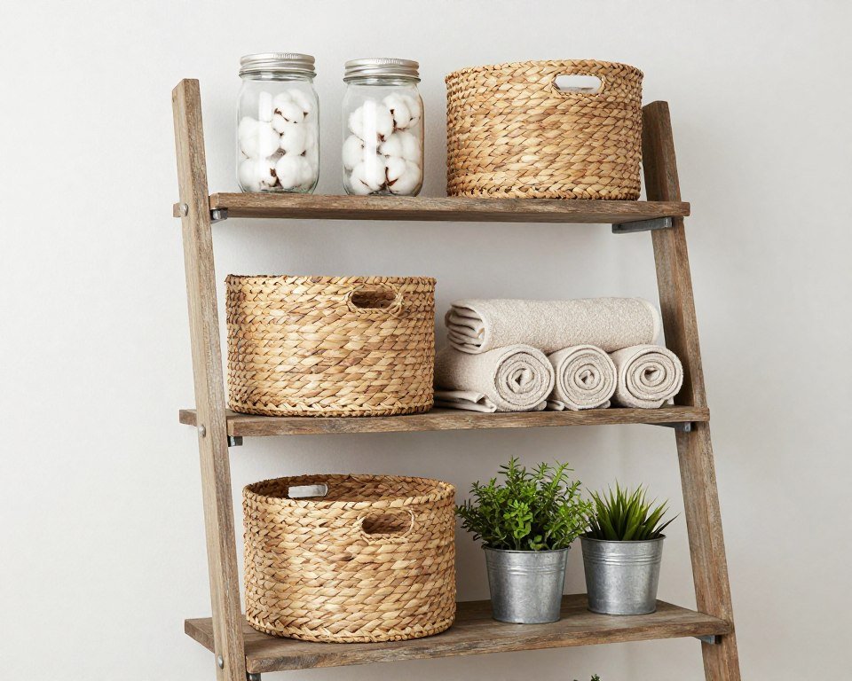 Farmhouse ladder shelf styled with baskets and mason jars