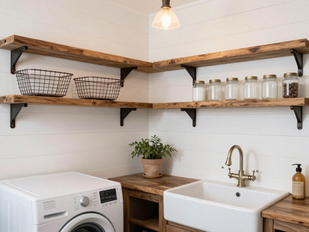 Farmhouse laundry room featuring shiplap walls and rustic wood accents