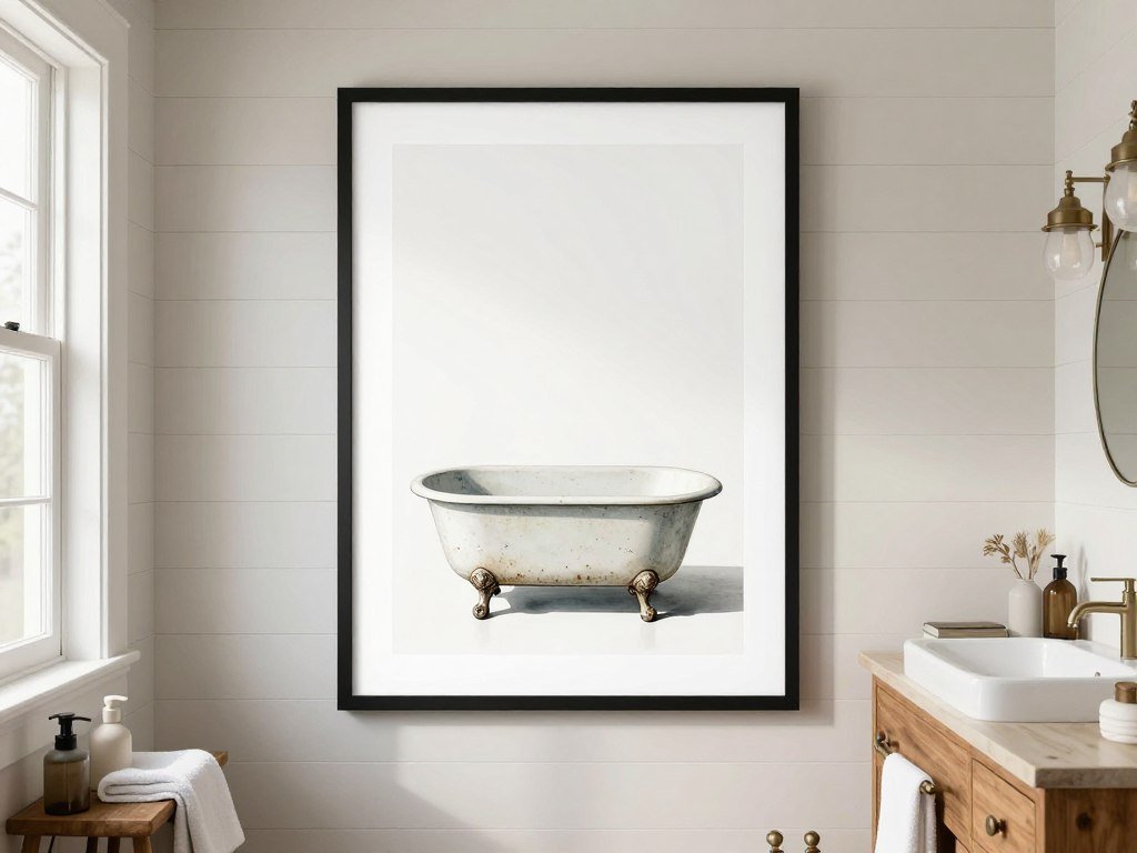 Farmhouse style wall art in rustic bathroom