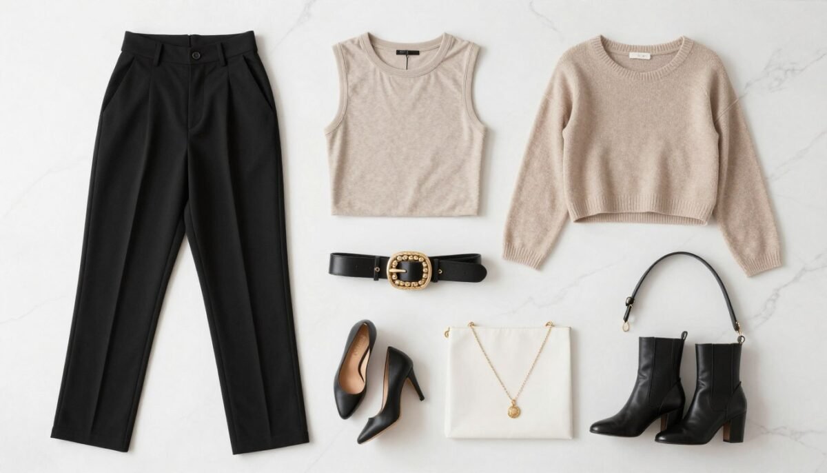 Fashion flatlay showing high-waisted trousers, cropped tops and styling accessories for short torso