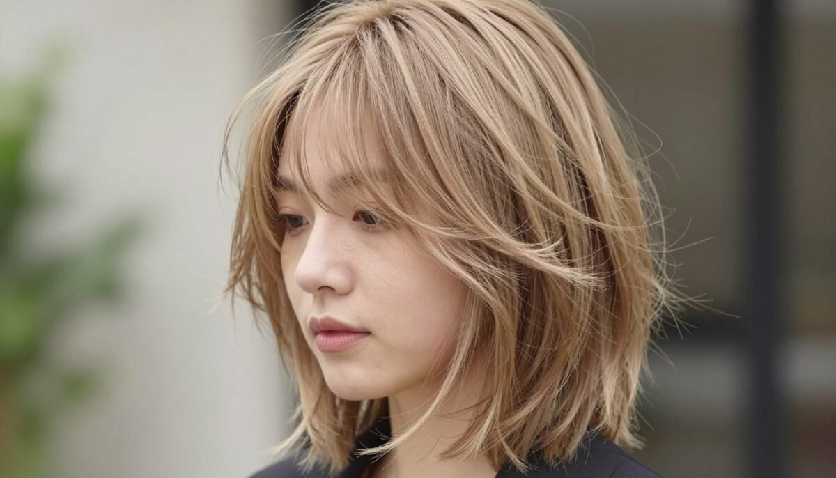 Feathered medium shag with curtain bangs and soft texture