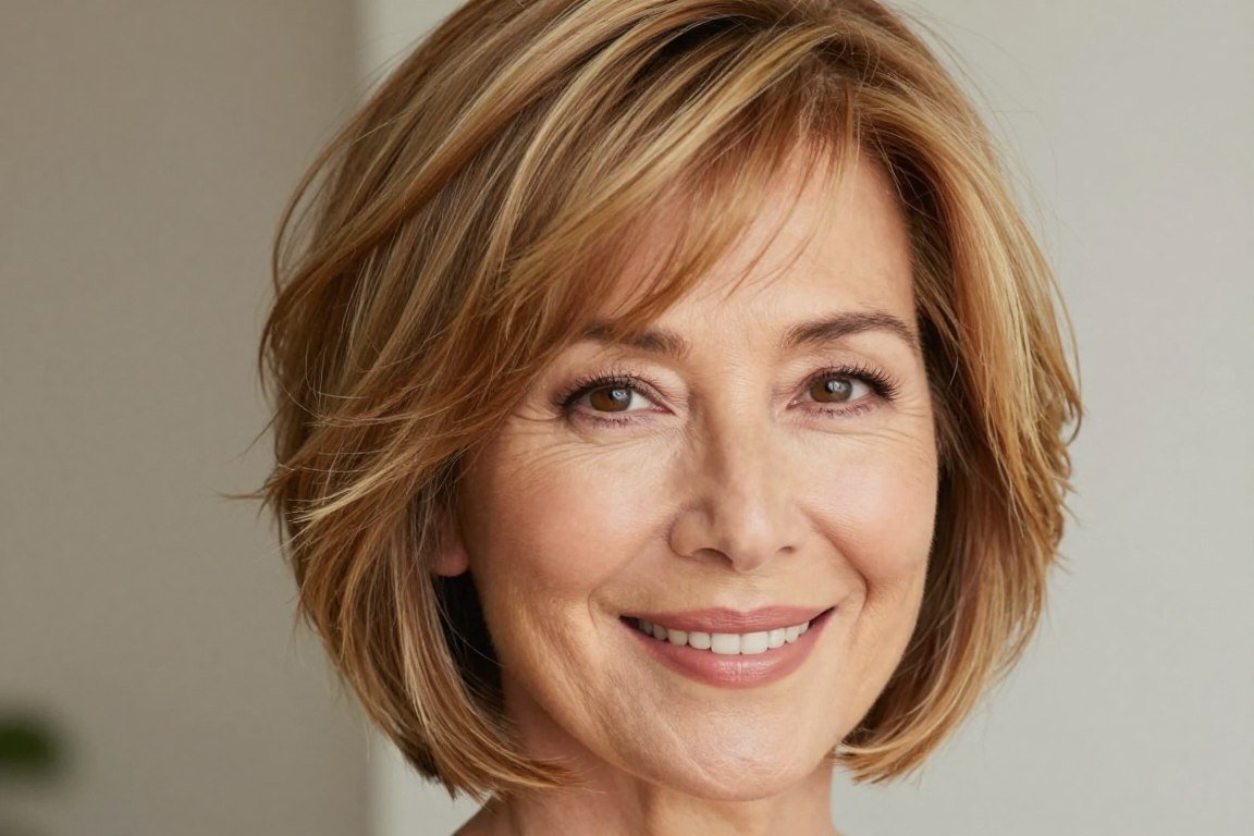 Feathered short haircut with soft layered texture for older women