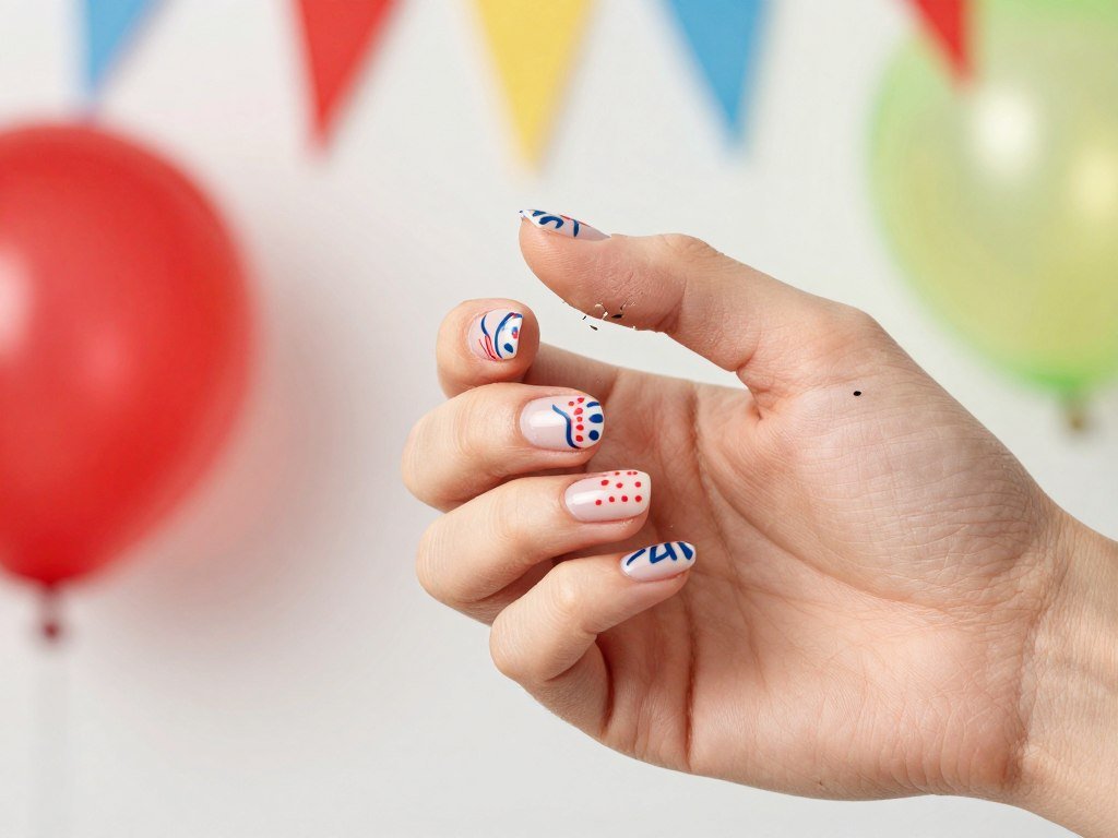 Festive 4th of July gel nail designs featuring streamers and confetti patterns