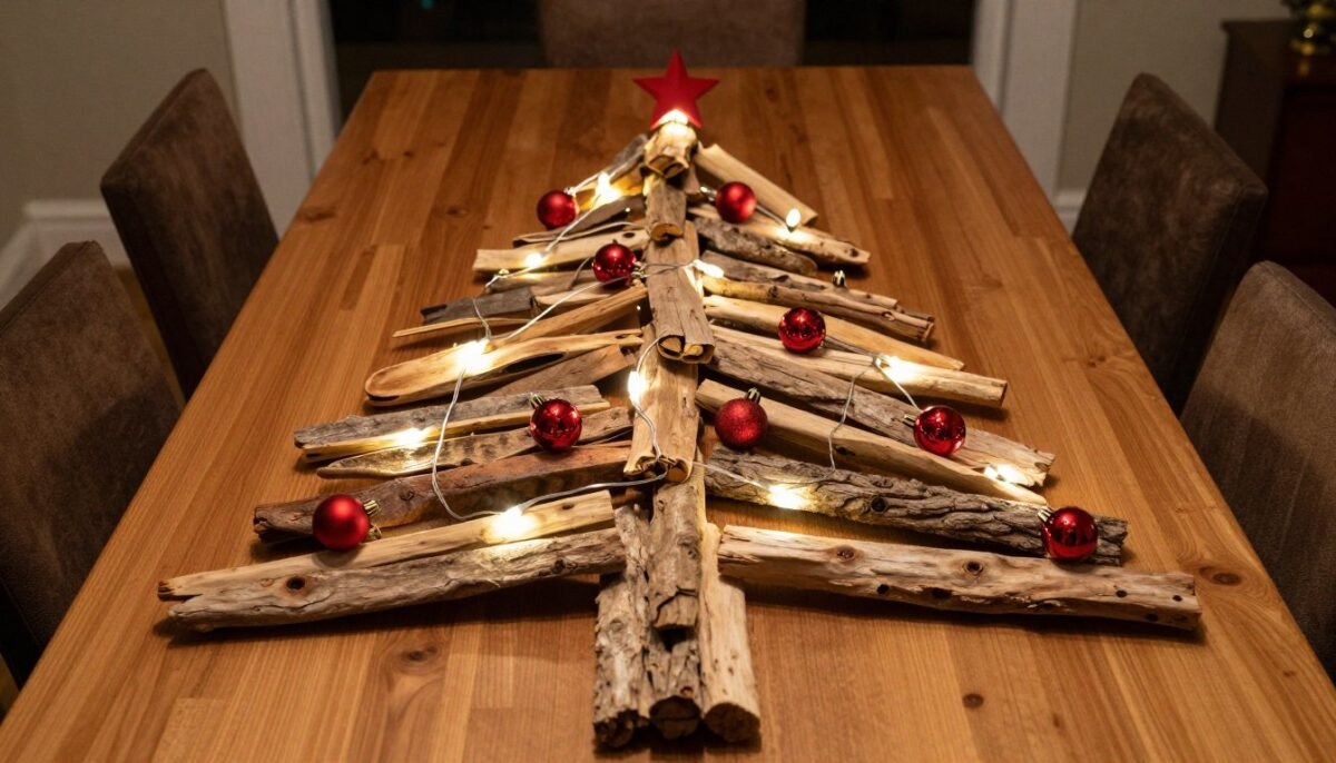 Festive driftwood Christmas tree decoration with ornaments and lights