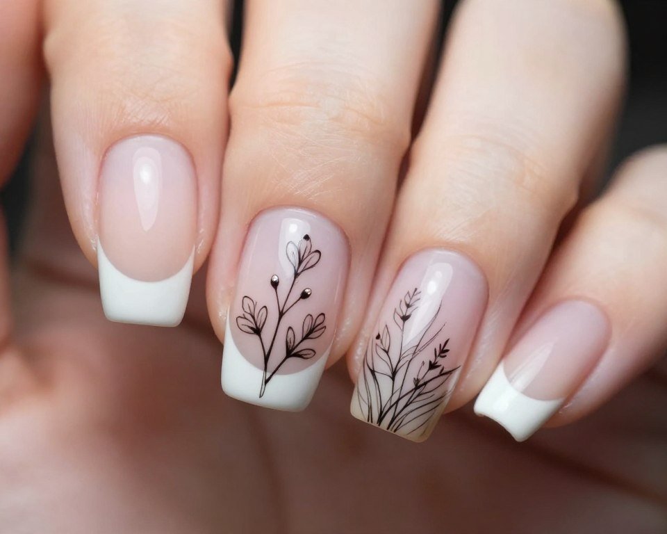 Fine line floral art on french tip nails