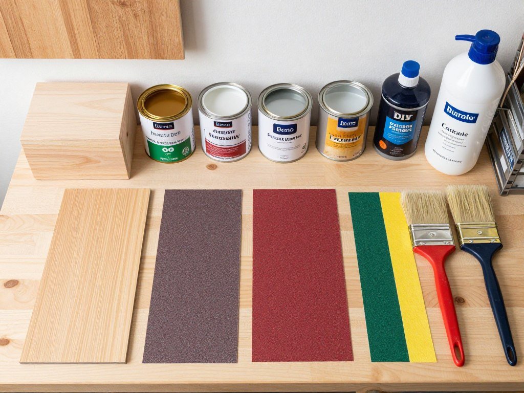 Finishing supplies including sandpaper, stain, paint and brushes for bed project