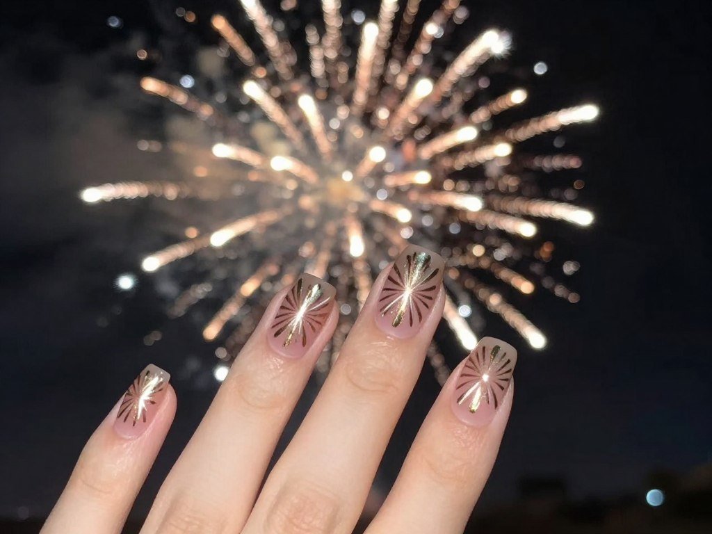Fireworks inspired gel nail designs with radial burst patterns for July celebration
