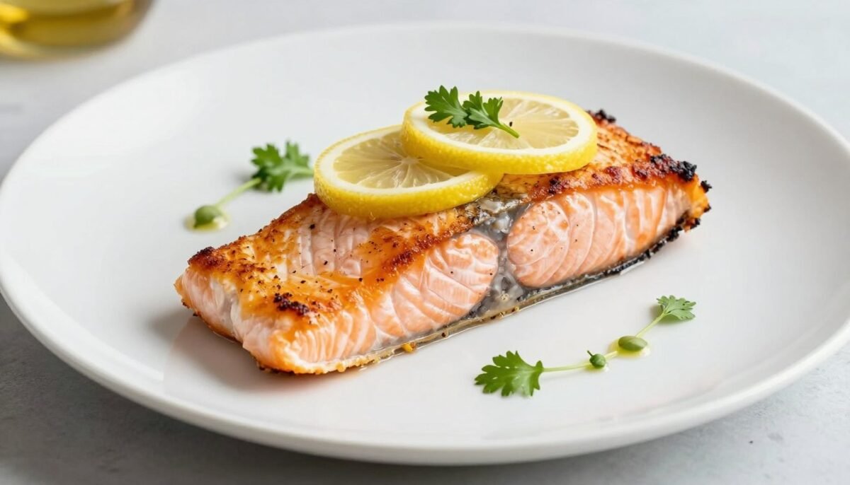 Flaky lemon garlic salmon fillet from air fryer with crispy edges Flaky lemon garlic salmon fillet from air fryer with crispy edges