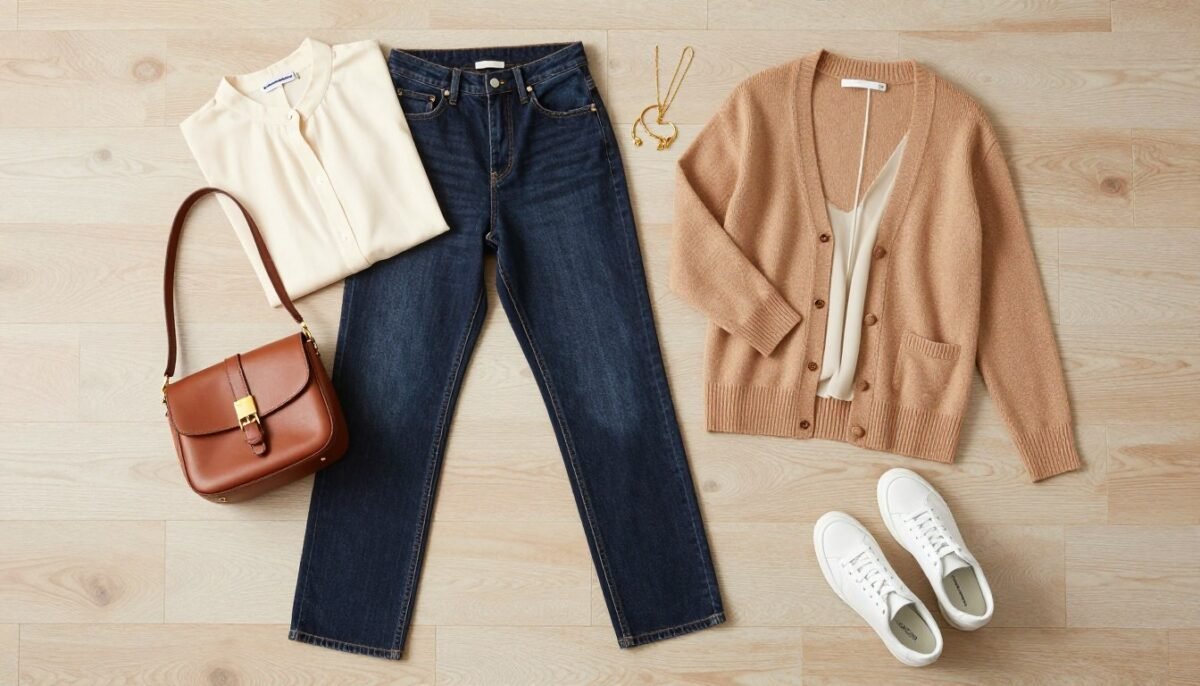 Flat lay of complete casual outfit with high-waisted jeans and accessories