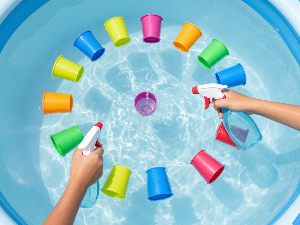 Floating plastic cups in kiddie pool for water target practice