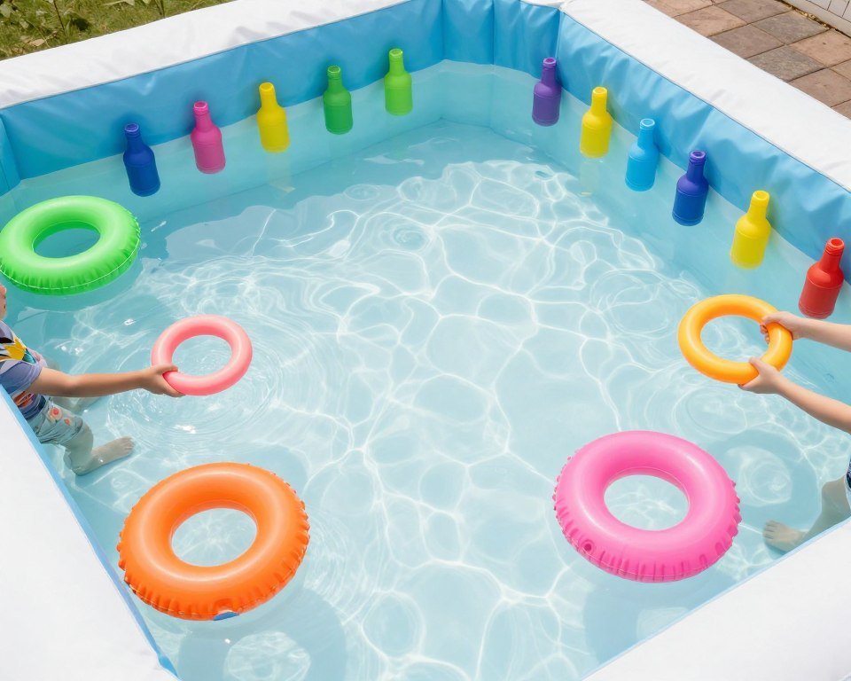 Floating ring toss game setup in kiddie pool for water party