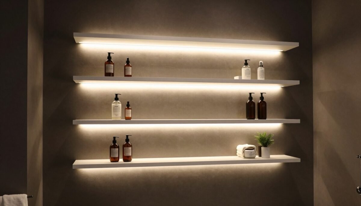 Floating shelves with LED backlighting above toilet creating glow effect