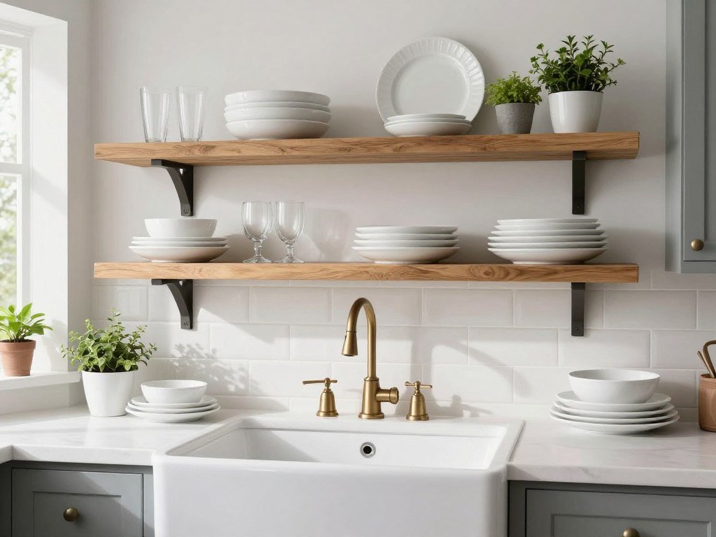 Floating wooden shelves above farmhouse sink holding everyday dishes and glassware