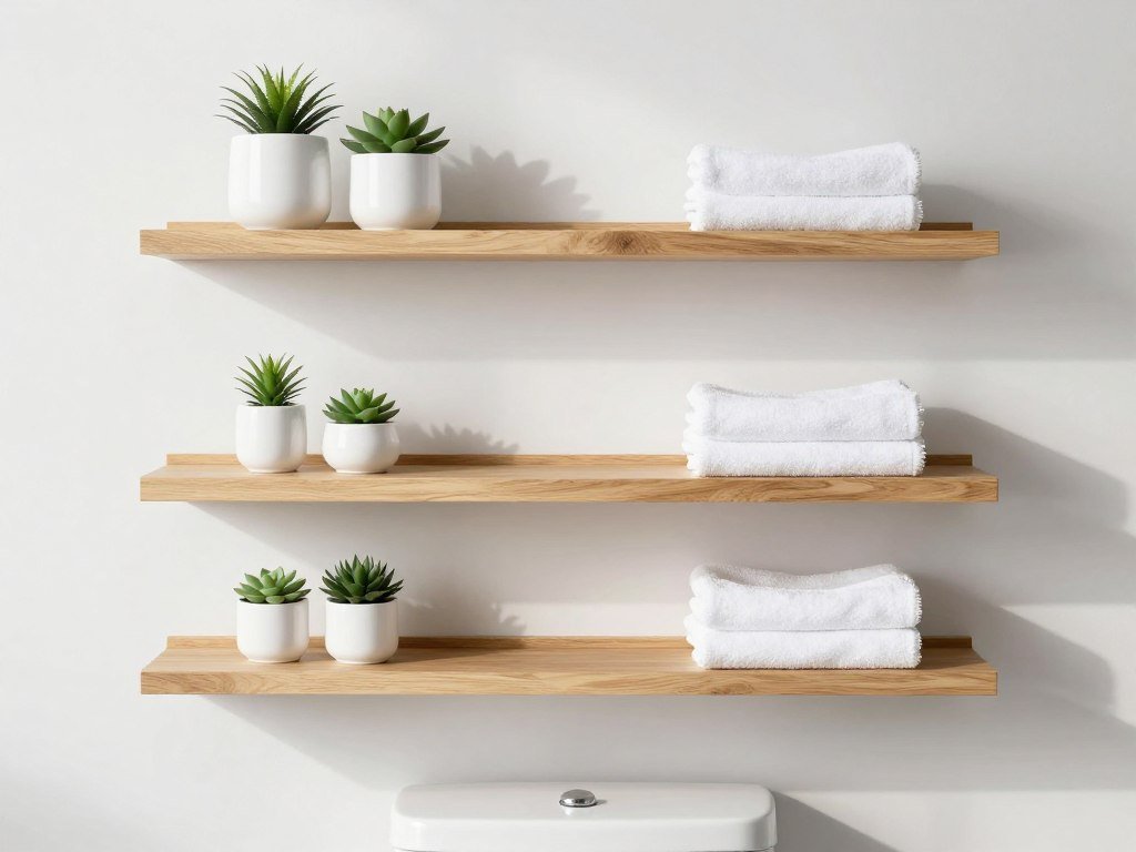 Floating wooden shelves above toilet in minimalist white bathroom