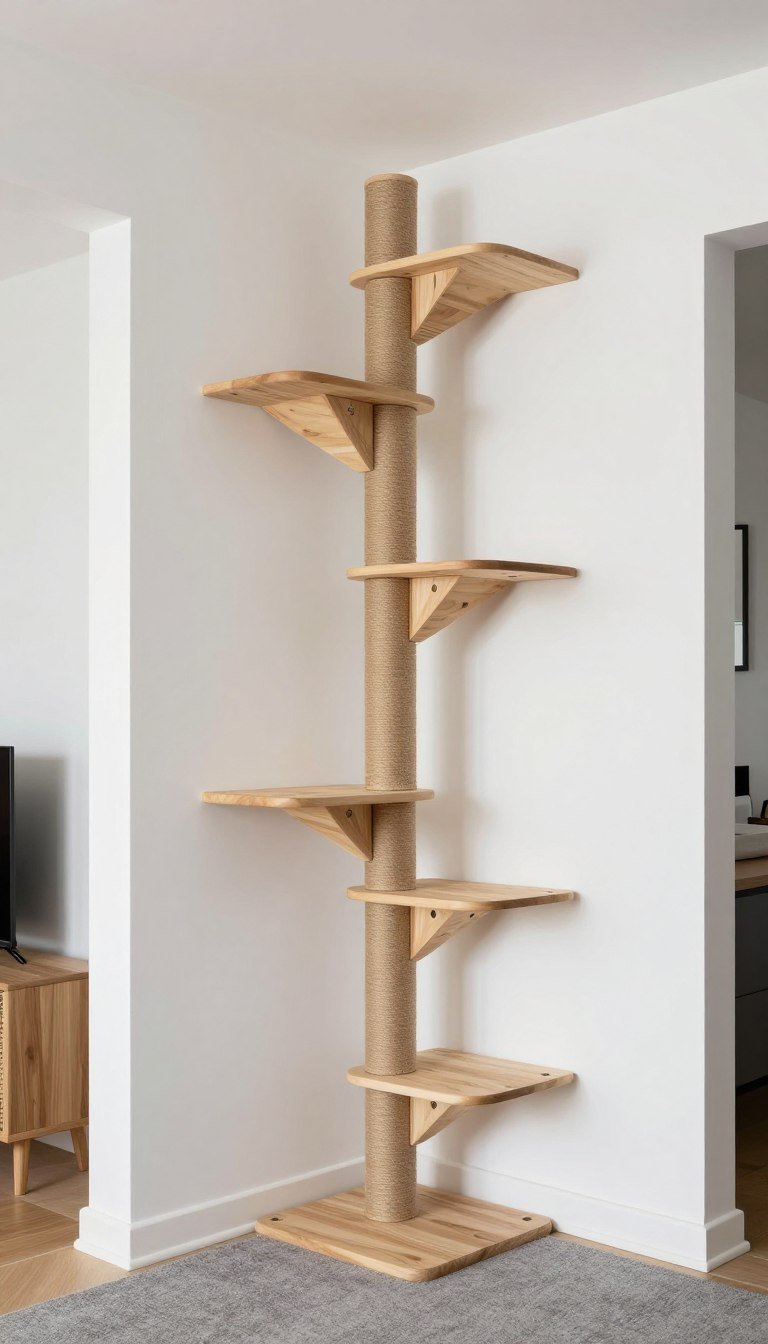 Floor to ceiling corner cat wall shelves forming vertical climbing system
