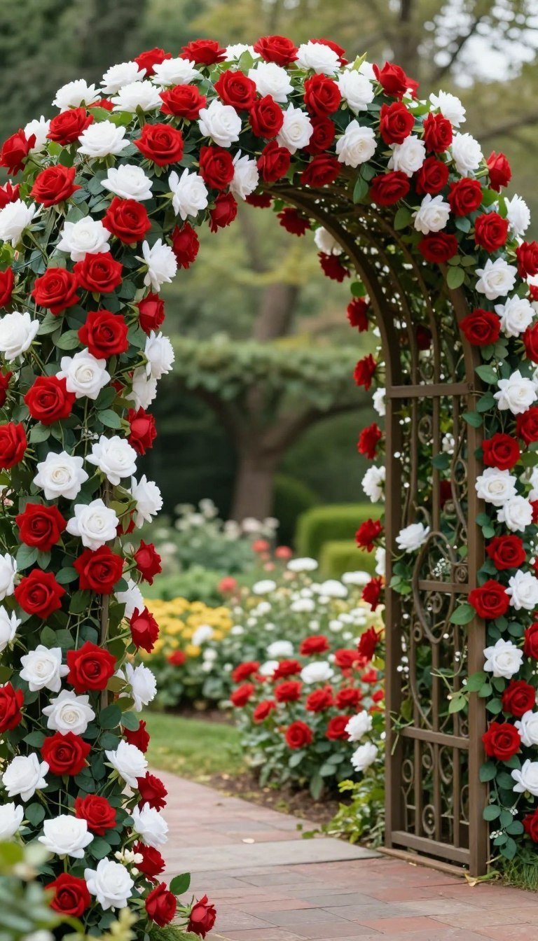 Floral archway with red and white roses for wonderland garden entrance