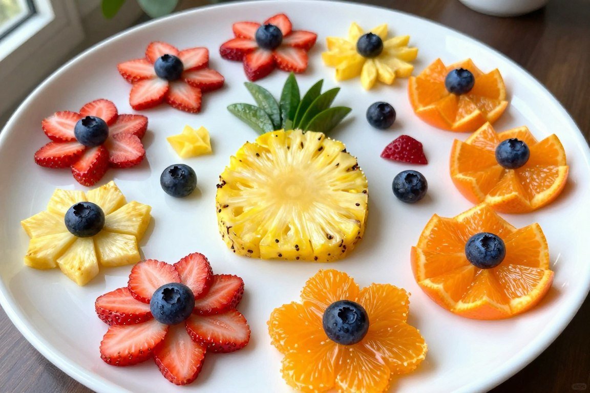 Flower-shaped fruit arrangements creating garden scene
