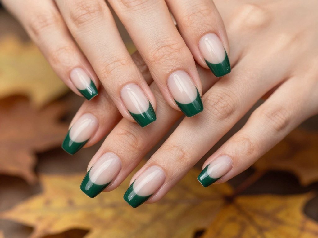 Forest green French tips on coffin-shaped nails for fall nail art inspiration