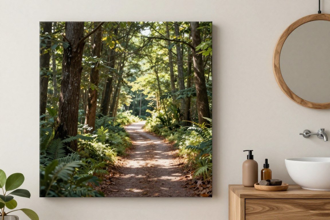 Forest path canvas print in natural bathroom setting