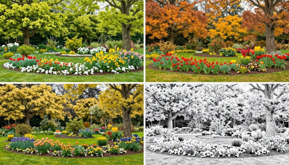 Four-season view of shade garden showing year-round interest