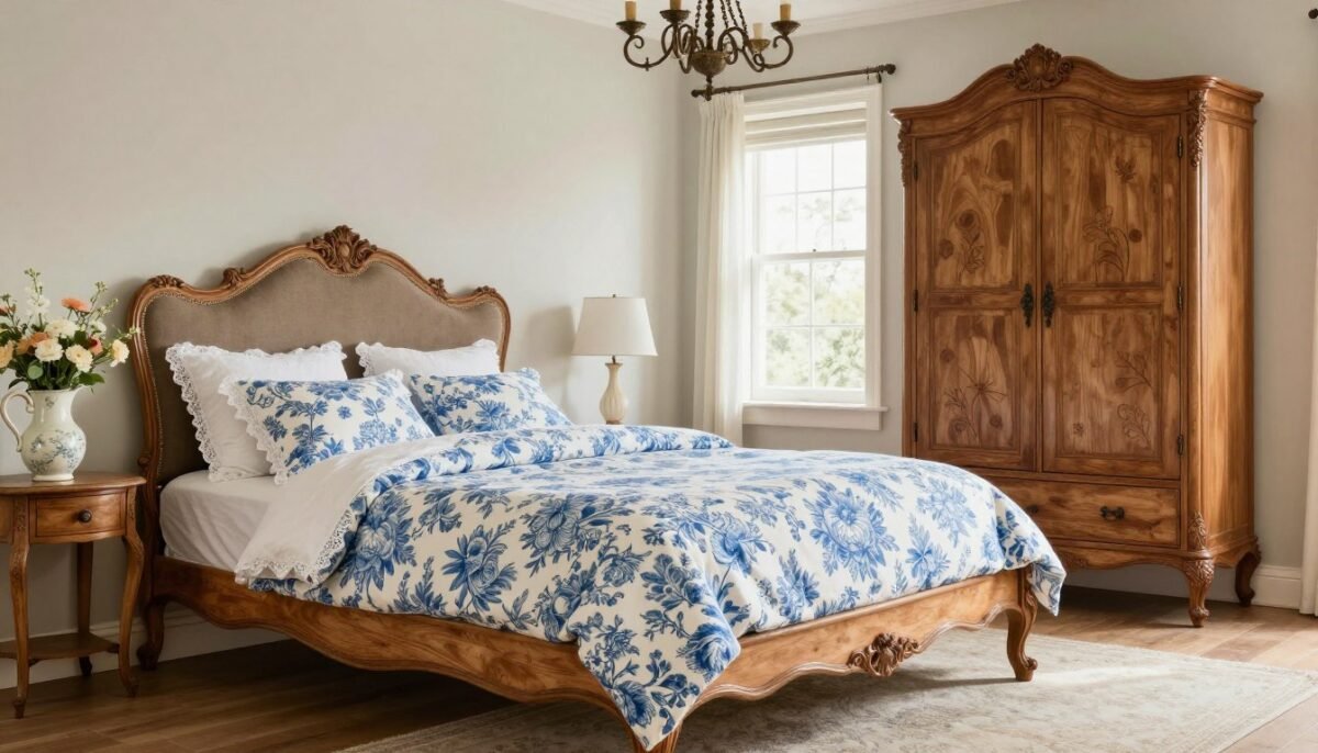 French country bedroom with cornflower blue toile and fruitwood furniture French country bedroom with cornflower blue toile and fruitwood furniture
